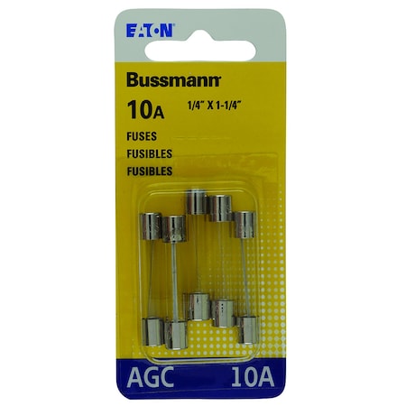 Eaton Bussmann Glass Fuse, AGC Series, Fast-Acting, 10A, 250V AC, 10kA at 125V AC, 200A at 250V AC, 5 PK BP/AGC-10-RP